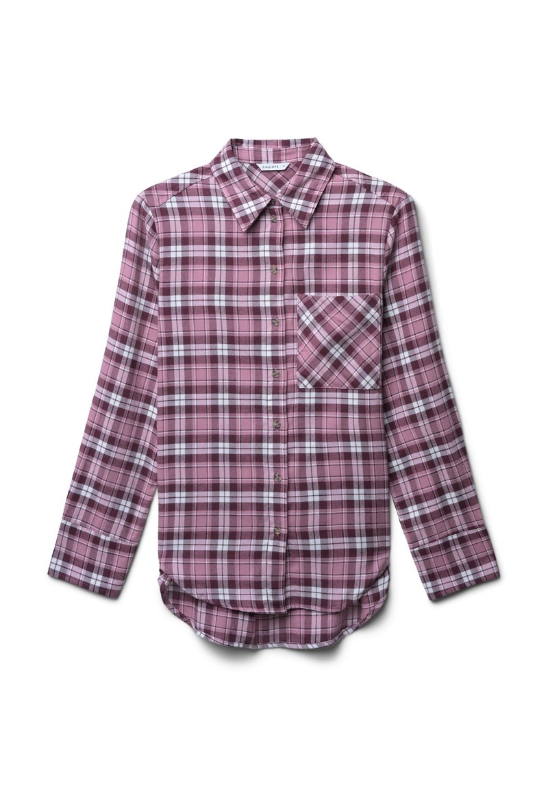 Langarm-Hemd aus kariertem Stoff in Mauve und Weiß, mit Button-Down-Kragen, Fronttasche und abgerundetem Saum. Hergestellt aus leichtem Material.