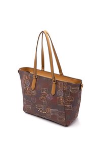 Bruine draagtas met een verscheidenheid aan kleurrijke reisgerelateerde prints, leren accenten, dubbele handvaten en een ruime binnenkant.