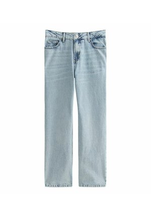Jeans denim azzurro chiaro a gamba dritta con tasche frontali, passanti per cintura e chiusura con bottone in vita.
