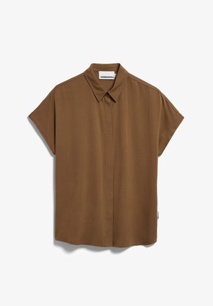 Kurzärmeliges braunes Hemd zum Knöpfen mit Kragen, verdeckter Knopfleiste und ARMEDANGELS-Label im inneren Nackenbereich.