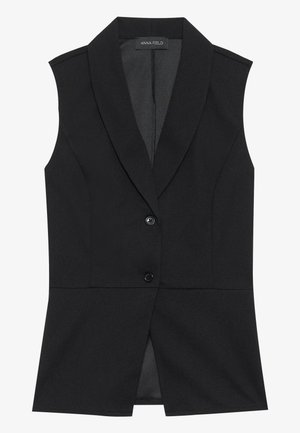 Black sleeveless blazer with a tailored fit, sharp lapel, and a single button closure. Smooth fabric with a subtle sheen and back slit detail.