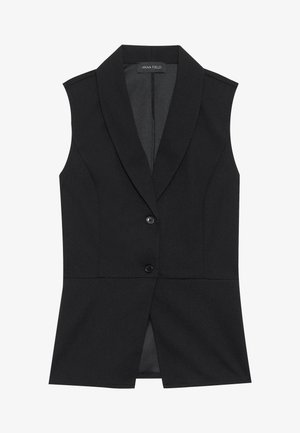 Černý bezrukávový blazer s přiléhavým střihem, ostrými klopami a jedním knoflíkem na zapínání. Hladká úprava látky s jemným leskem a rozparkem na zadní straně.