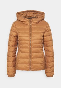 Brun oppustelig jakke med hætte, der har et quilted design, frontlynlås, elastiske manchetter og en glat tekstur.