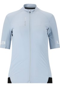 Korte mouwen fietsjersey in lichtblauw, met een volledige rits aan de voorkant, zachte stof en zwarte accenten bij de zoom en onder de armen.