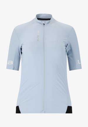 Kortærmet cykeltrøje i lys blå, med en fuld frontlynlås, glat stof og sorte detaljer ved kanten og under armene.