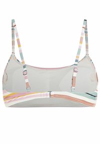 Reggiseno con tessuto a righe multicolori in tonalità pastello. Texture liscia, spalline regolabili e chiusura con gancio sul retro. Senza imbottitura.
