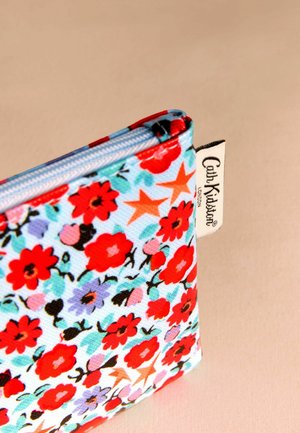 Floral zip pouch featuring a blue background with red, pink, and purple flowers, along with orange stars. Includes a Cath Kidston label.
