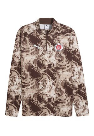 Brown and beige long-sleeve pullover with a zip neck, textured camouflage pattern, white Puma logo, and FC St. Pauli emblem on the chest.