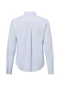 Light blue and white checked long-sleeve shirt with a button-down collar, featuring a back yoke and single-button cuffs. Smooth cotton fabric.