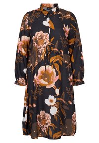 Abito floreale su sfondo scuro, con fiori rosa e arancioni. Maniche lunghe, chiusura con bottoni sul davanti e vita regolabile con cordoncino.