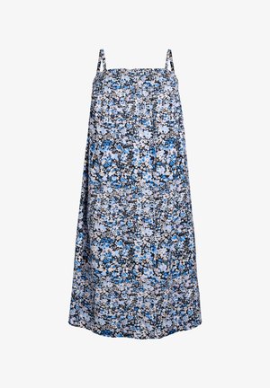 Bloemendropping met blauwe en witte patronen op een zwarte achtergrond. Voorzien van dunne verstelbare bandjes en een A-lijn silhouet. Lichtgewicht stof.