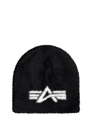 Cappello beanie nero e soffice con una lettera A bianca stilizzata e tre linee orizzontali bianche sul davanti.