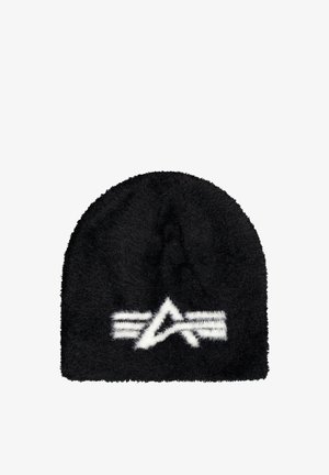 Black fuzzy beanie hat featuring a white stylized letter A with three horizontal white lines on the front.