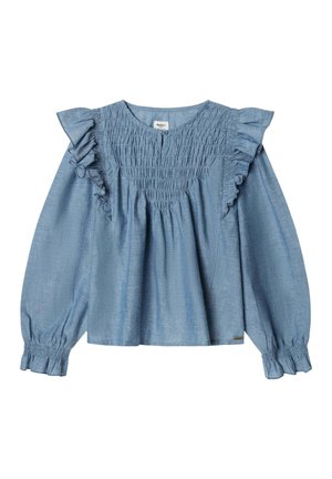 Lichtblauwe blouse met lange mouwen, gerimpeld inzetten, gerimpelde schouders, knoop bij de halslijn en elastische gerimpelde manchetten.