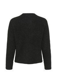 Sort tekstureret sweater med en løs pasform, rund halsudskæring og lange ærmer, prydet med et ribbet mønster og en ensfarvet kant bagpå.