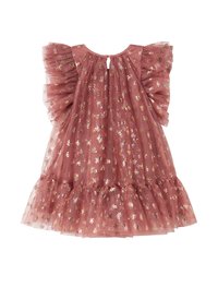 Rosa tylkjole med flagrende ærmer, prydet med guldfolie sommerfuglemønstre, samlet halsudskæring og en flæse kant.