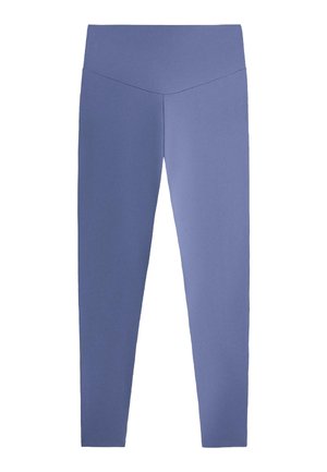 Leggings blu seamless a vita alta con fascia a V, progettati per abbigliamento sportivo o casual.