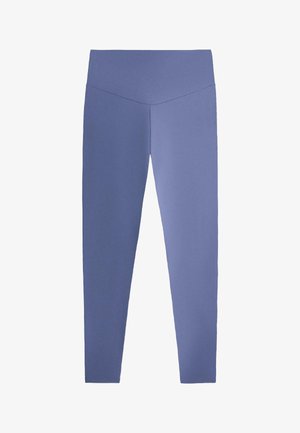 Blue high-waist seamless leggings with a V-shaped waistband, designed for activewear or casual wear.