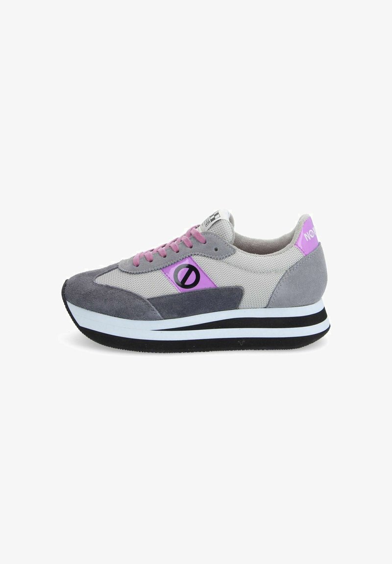 Gray athletic shoe featuring a mesh upper with suede accents, light purple accents, flat laces, and a white midsole with a black outsole.