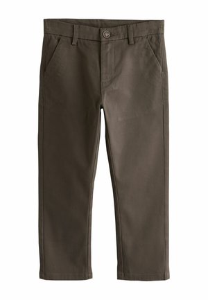Brown slim-fit pants with button and zipper closure, belt loops, and front pockets, displayed flat on a white background.