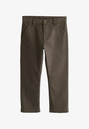 Brune slim-fit bukser med knap- og lynlåslukning, bæltestropper og forlommer, vist fladt på en hvid baggrund.