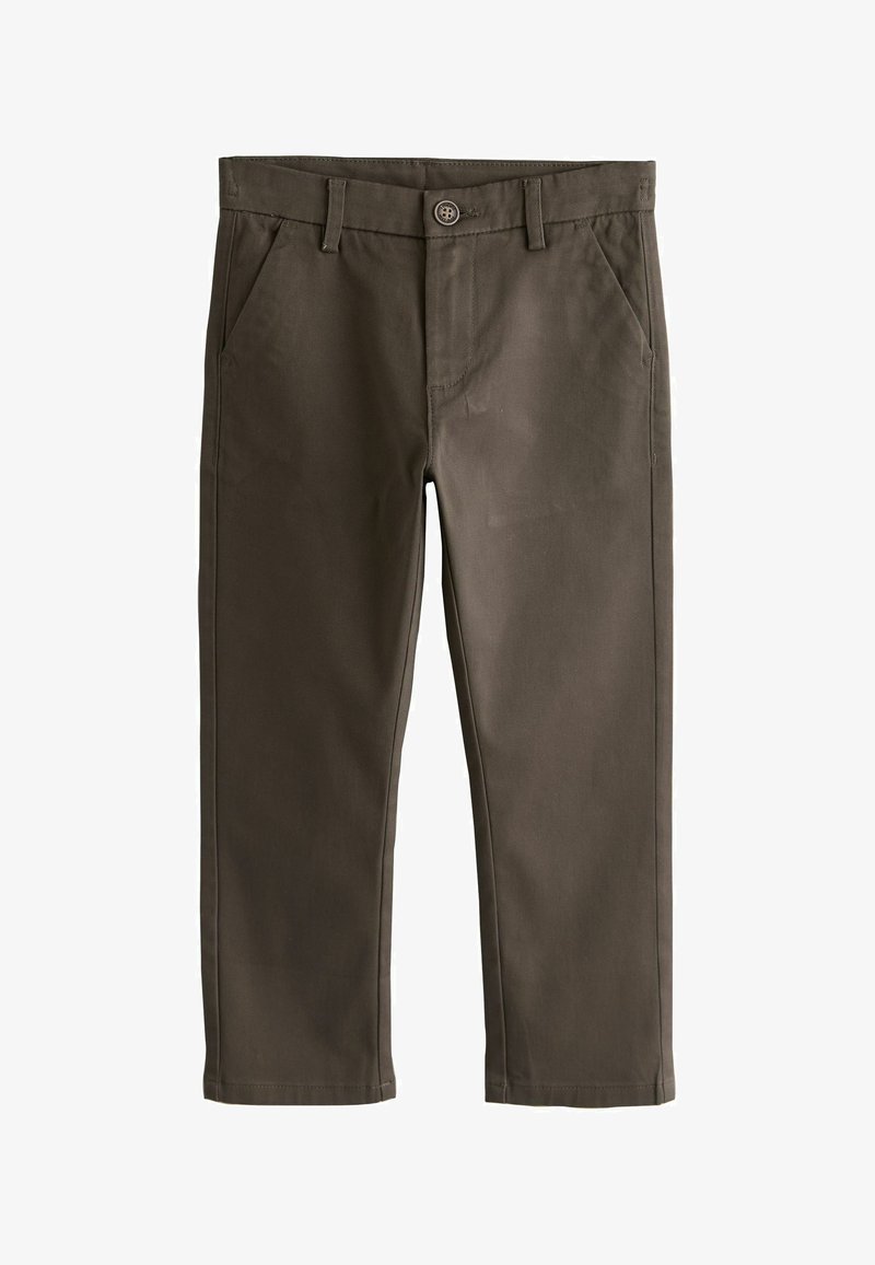 Pantalon marron coupe slim avec fermeture à bouton et fermeture éclair, passants pour ceinture et poches avant, présenté à plat sur un fond blanc.