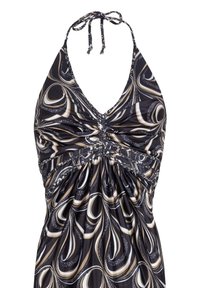 Halterneck-Kleid im schwarz-goldenen Wirbelmuster. Mit gerafften Details an der Brust und fließendem Rock. Glatte Stofftextur.