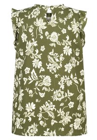 Groene bloemen top met korte ruffle mouwen, met witte bloemen- en bladmotieven, en een sleutelgatopening aan de achterkant. Gelaagd stof.