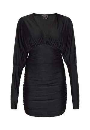 Sort langærmet kjole med dyb V-udskæring, samlet talje og rynket side-detailer, lavet af et glat, strækbart stof.