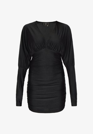 Zwarte jurk met lange mouwen en een diepe V-hals, met een gepofte taille en geplooide zijdetails, gemaakt van een soepele, rekbare stof.