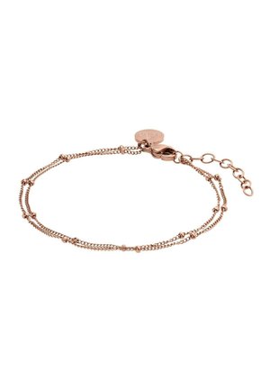 Zarter doppellagiger Armband aus Roségold mit kleinen Perlenakzenten und einem Karabinerverschluss mit verstellbaren Gliedern.