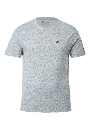 Grijze korte mouwen t-shirt met een geometrisch driehoeks patroon in donkergrijs, met een klein logo op de linker borst. Gemaakt van zachte stof.