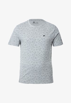Grijze korte mouwen t-shirt met een geometrisch driehoeks patroon in donkergrijs, met een klein logo op de linker borst. Gemaakt van zachte stof.