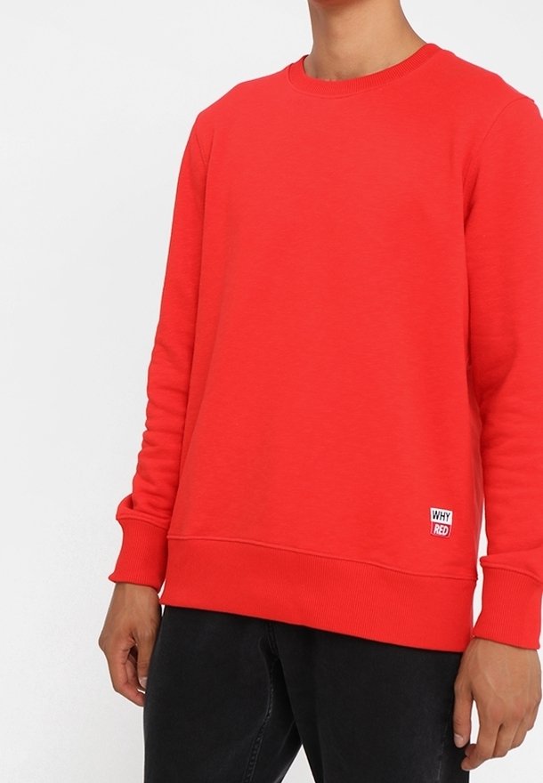 Persona vestida con un sudadera roja brillante con puños y dobladillo acanalados, combinada con pantalones negros, etiqueta pequeña blanca que dice "WHY RED" visible.