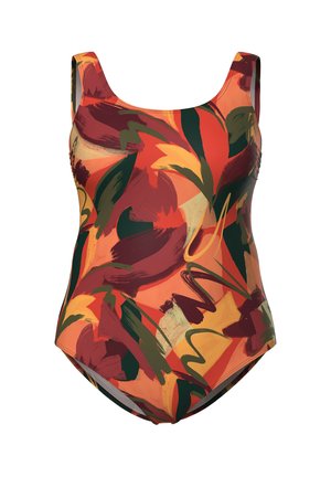 Einteiler-Badeanzug mit breiten Trägern, versehen mit einem abstrakten Blumenmuster in den Farbtönen Rot, Orange, Grün und Gelb.