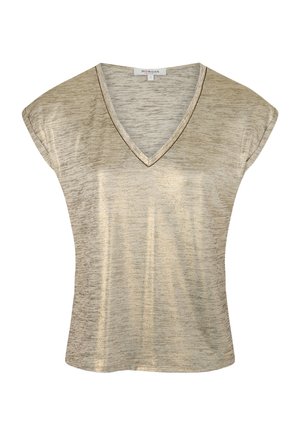 Metallisch goldene Kurzarm-V-Ausschnitt-Bluse mit einem strukturierten Muster. Weicher Stoff und lockeres Design. Etikett sichtbar am Ausschnitt.