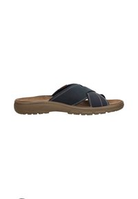 Marineblauwe slide sandalen met kruissluitingen, gestructureerde accenten en een zacht voetbed; voorzien van een lichtbruine rubberen zool met grippatronen.