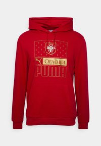 Felpa rossa con cappuccio, dotata di tasca a marsupio, con grafiche stampate in oro: stemma della Serbia e testo "ОРЛОВИ ПУМА". Realizzata in tessuto morbido. Cappuccio regolabile.