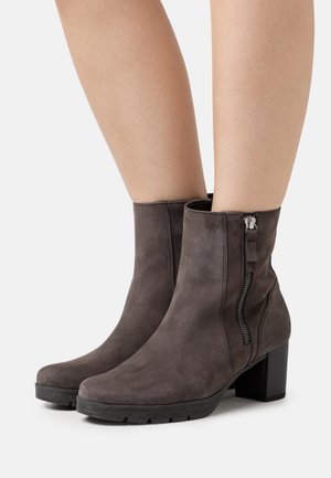 Gray suede ankle boots with a block heel, featuring a side zipper and smooth texture. Modern design with a rounded toe and durable sole.