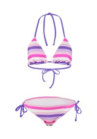 Ensemble de bikini triangle avec des rayures alternées en violet, rose et lavande. À nouer au cou et sur les côtés ; tissu doux, couverture minimale.