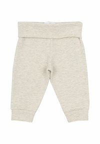 Ljust grå, texturerade byxor för småbarn med elastisk midja och uppvikta anklar. Mjukt stickat material med ett subtilt bikupemönster.