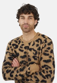 Pull en imprimé léopard en tissu doux et texturé beige avec des accents noirs. Il a un col rond et des manches longues.