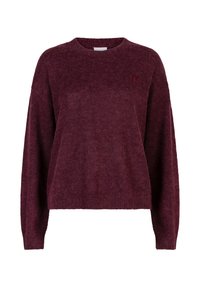Zachte, lange mouwen, ronde halstrui in diep bordeauxrood met een fuzzy textuur en geribbelde manchetten en zoom.