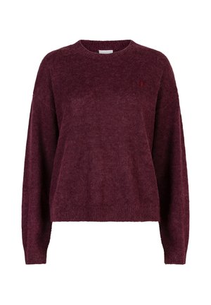 Zachte, lange mouwen, ronde halstrui in diep bordeauxrood met een fuzzy textuur en geribbelde manchetten en zoom.