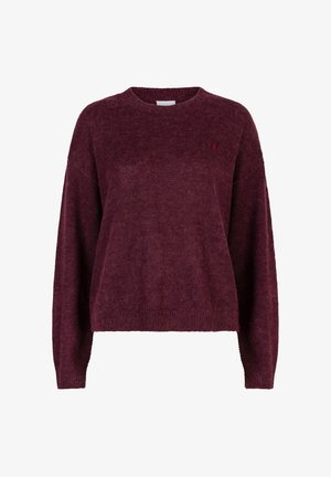Zachte, lange mouwen, ronde halstrui in diep bordeauxrood met een fuzzy textuur en geribbelde manchetten en zoom.