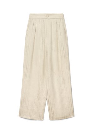 Beige wide-leg pants with high waist, button and zipper closure, and subtle vertical texture, displayed flat on white background.