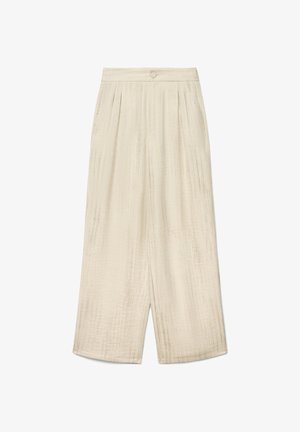 Beige wide-leg pants with high waist, button and zipper closure, and subtle vertical texture, displayed flat on white background.