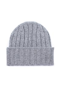 Berretto lavorato a maglia di colore grigio chiaro con texture a costine, dotato di un risvolto e realizzato in materiale morbido e caldo.