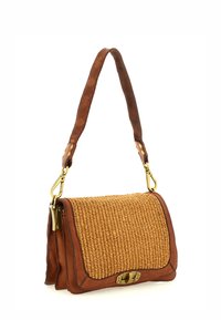 Borsa in pelle marrone con una patta in paglia intrecciata, dotata di una chiusura dorata, una tracolla decorata e una forma rettangolare strutturata.