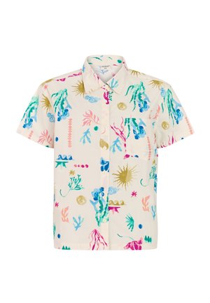 Korte mouwen overhemd met knopen van crèmekleurige katoen, voorzien van een kleurrijke zeethema-print met groen-, blauw-, roze- en gouden accenten.